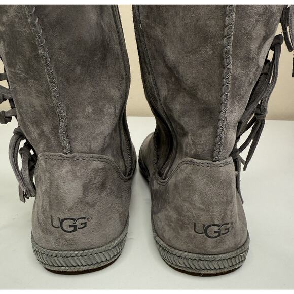UGG Mammoth Moccasin Knee High Boot Womens 8 Grey Suede Side Zip Fringe - Picture 4 of 11
